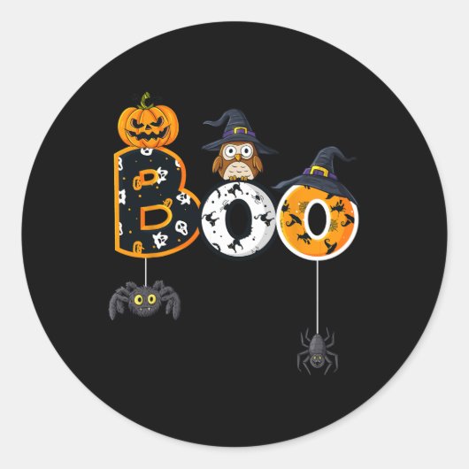 Halloween Boo Owl with Witch Pet Spiders Boys Girl Ronde Sticker (Voorkant)