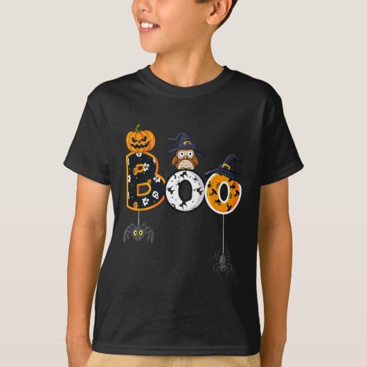 Halloween Boo Owl with Witch Pet Spiders Boys Girl T-shirt (Voorkant)
