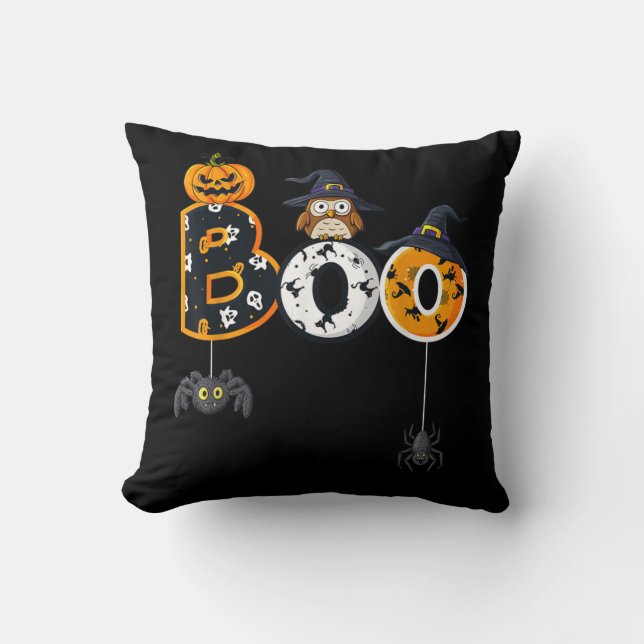 Halloween Boo Owl with Witch Pet Spiders Kussen (Voorkant)