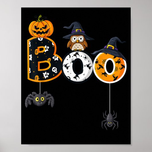Halloween Boo Owl with Witch Pet Spiders Poster (Voorkant)