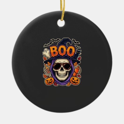 Halloween Boo Schedel Zonnebril Vector Keramisch Ornament (Voorkant)