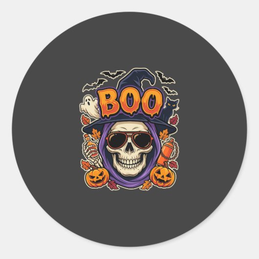 Halloween Boo Schedel Zonnebril Vector Ronde Sticker (Voorkant)