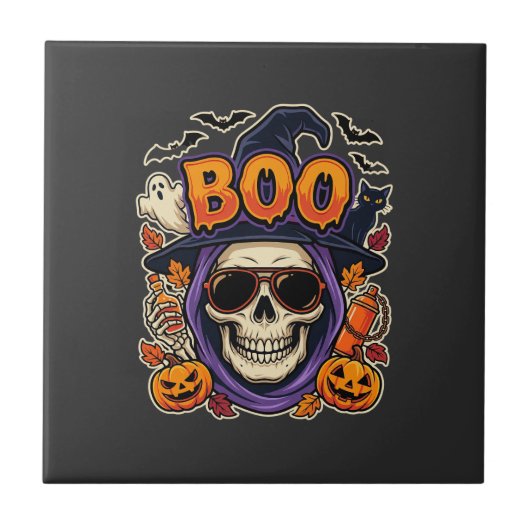 Halloween Boo Schedel Zonnebril Vector Tegeltje (Voorkant)