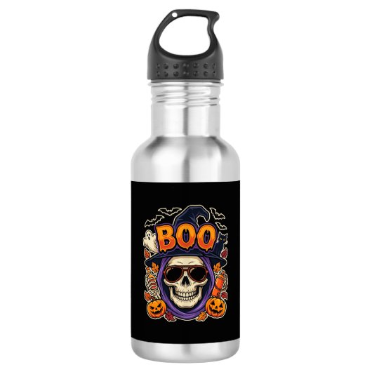 Halloween Boo Schedel Zonnebril Vector Waterfles (Voorkant)