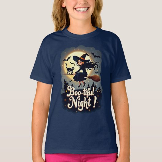Halloween - Boo-tiful Night - Heks op een bezem T-shirt (Voorkant)