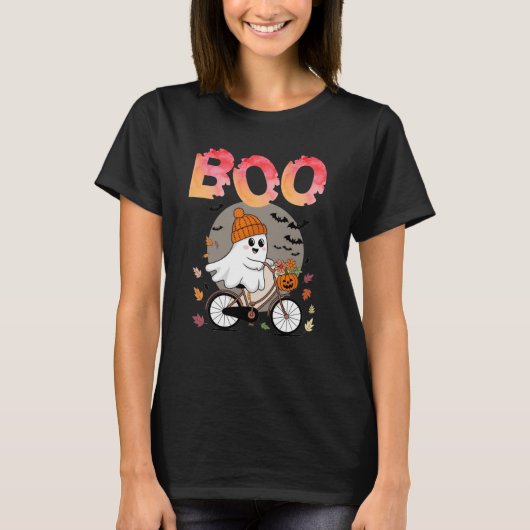 Halloween Boo-tiful Schattigee geest op een fiets T-shirt (Voorkant)