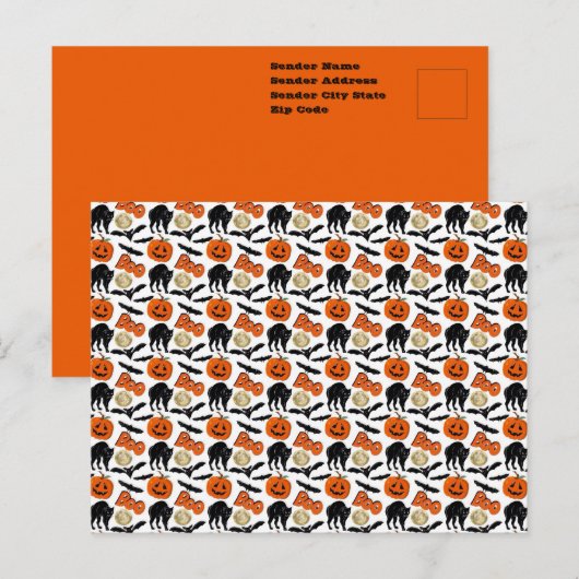 Halloween Boo Vleermuizen Kat Pompoen en Maan Teke Briefkaart (Voorkant / Achterkant)