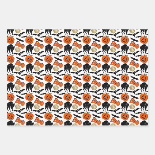 Halloween Boo Vleermuizen Kat Pompoen en Maan Teke Inpakpapier Vel (Voorkant)