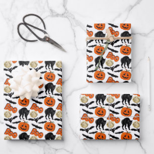 Halloween Boo Vleermuizen Kat Pompoen en Maan Teke Inpakpapier Vel