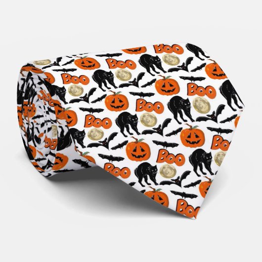 Halloween Boo Vleermuizen Kat Pompoen en Maan Teke Stropdas (Opgerold)