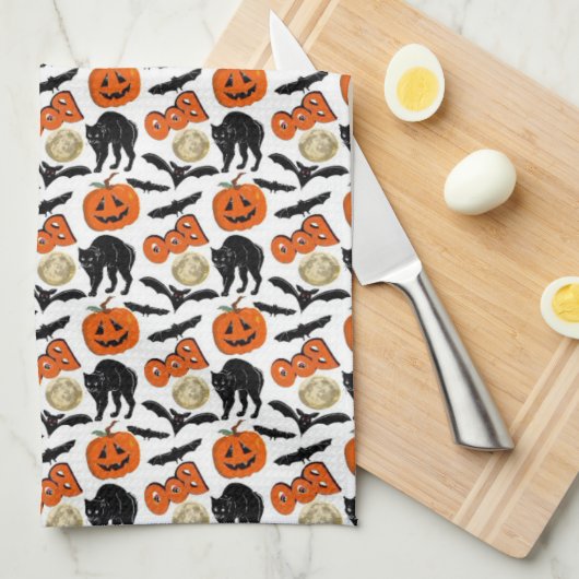 Halloween Boo Vleermuizen Kat Pompoen en Maan Teke Theedoek (Quarter Fold)