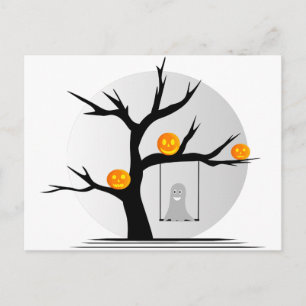 Halloween-boom met pompoenen en een zwendelende ge briefkaart