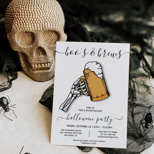 Halloween boo's and brews skeleton beer party invi kaart