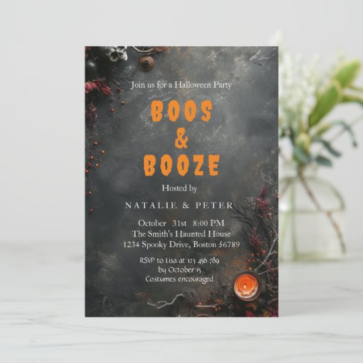 Halloween Boos & Booze Party Kaart (Staand voorkant)