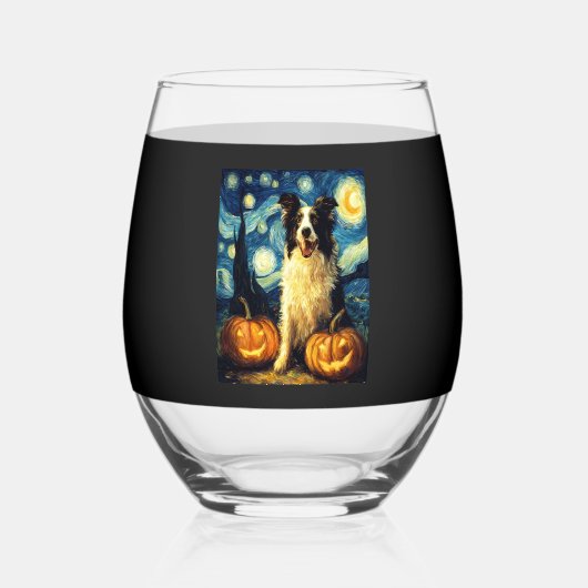 Halloween Border Collie Fall Pumpkin Wijnglas Zonder Voet (Voorkant)