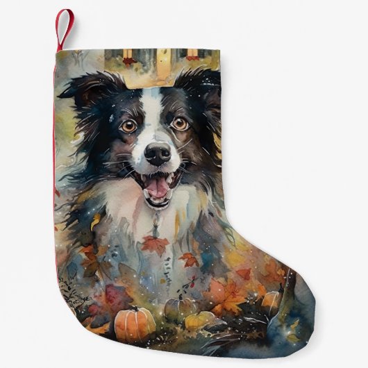 Halloween Border Collie met pomkins Scary Kleine Kerstsok (Voorkant)