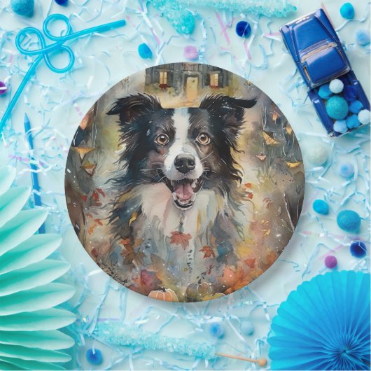 Halloween Border Collie met pomkins Scary Papieren Bordje (Feest)