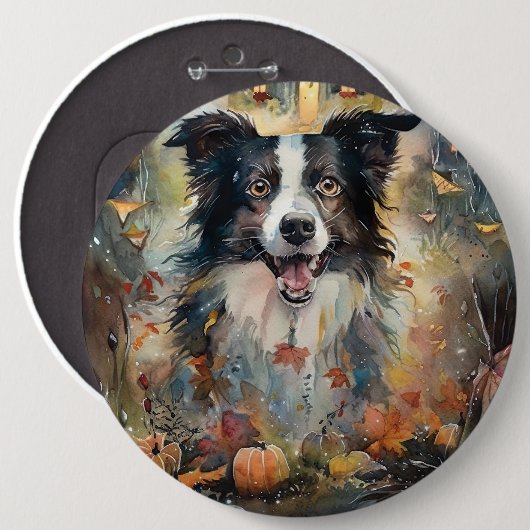Halloween Border Collie met pomkins Scary Ronde Button 6,0 Cm (Voorkant /achterkant)