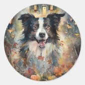 Halloween Border Collie met pomkins Scary Ronde Sticker (Voorkant)