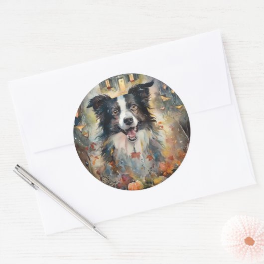 Halloween Border Collie met pomkins Scary Ronde Sticker (Envelop)