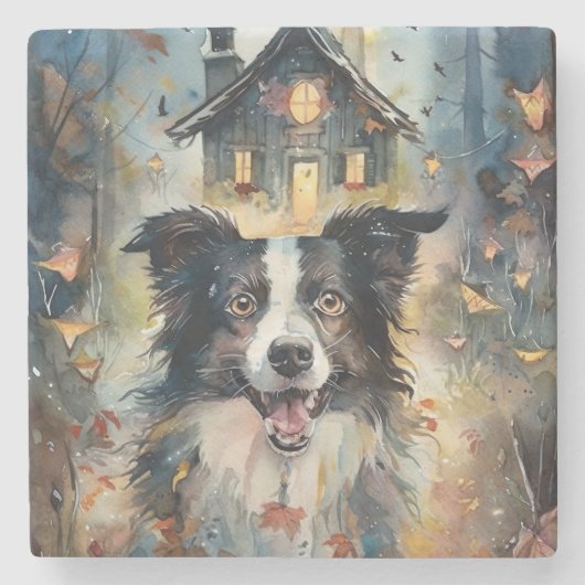 Halloween Border Collie met pomkins Scary Stenen Onderzetter (Voorkant)