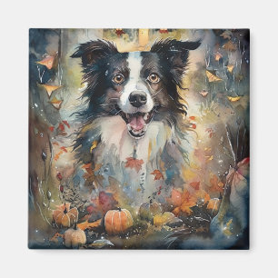 Halloween Border Collie Met Pompoenen Eng Magneet