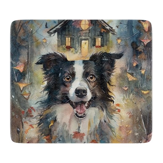 Halloween Border Collie Met Pompoenen Eng Snijplank (Voorkant)