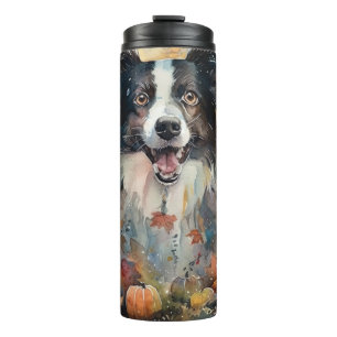 Halloween Border Collie Met Pompoenen Eng Thermosbeker
