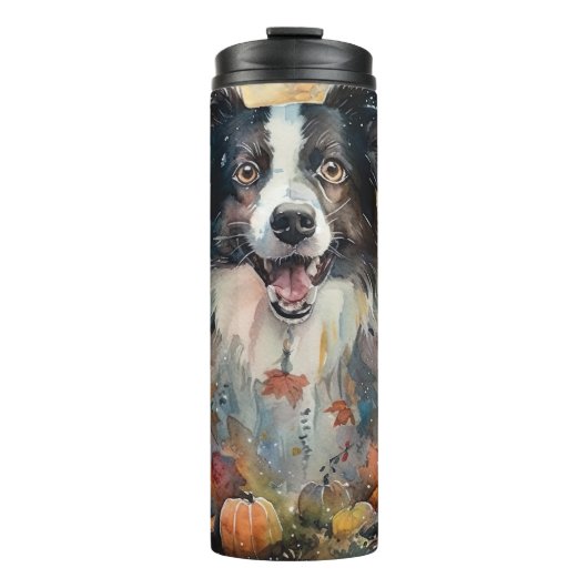 Halloween Border Collie Met Pompoenen Eng Thermosbeker (Voorkant)