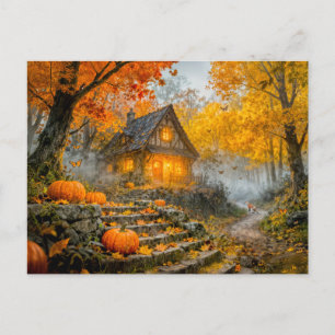 Halloween boshuisje met pompoenen, stenen pad briefkaart