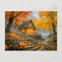 Halloween boshuisje met pompoenen, stenen pad