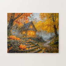 Halloween boshuisje met pompoenen, stenen pad
