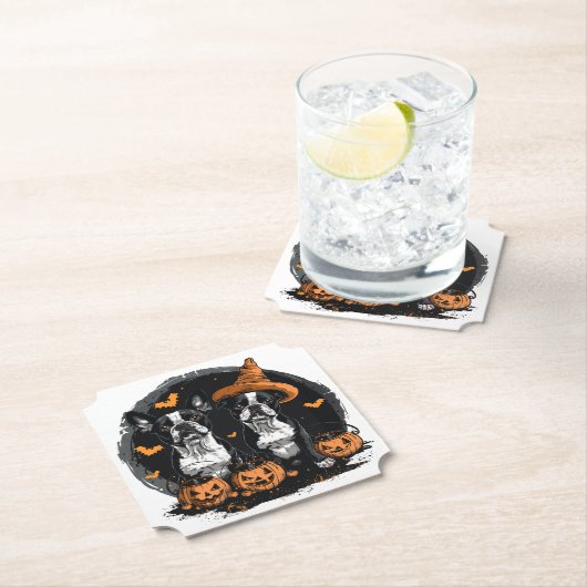 Halloween Boston Terrier Honden Kartonnen Onderzetters (Insitu)