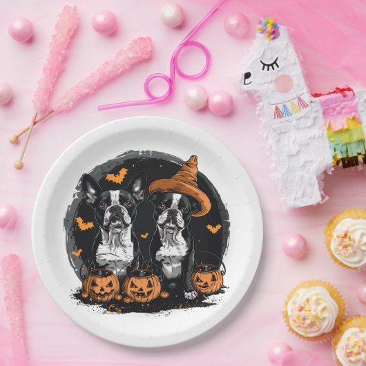 Halloween Boston Terrier Honden Papieren Bordje (Feest)