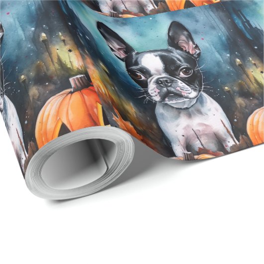 Halloween Boston Terrier met pomkins Scary Cadeaupapier (Rol Hoek)