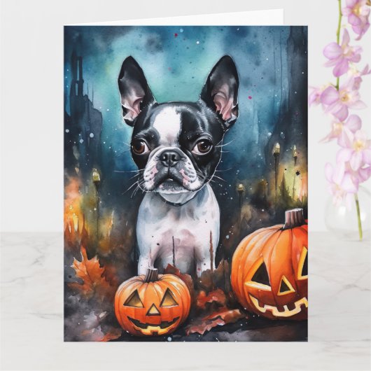 Halloween Boston Terrier met pomkins Scary Kaart (Orchidee)