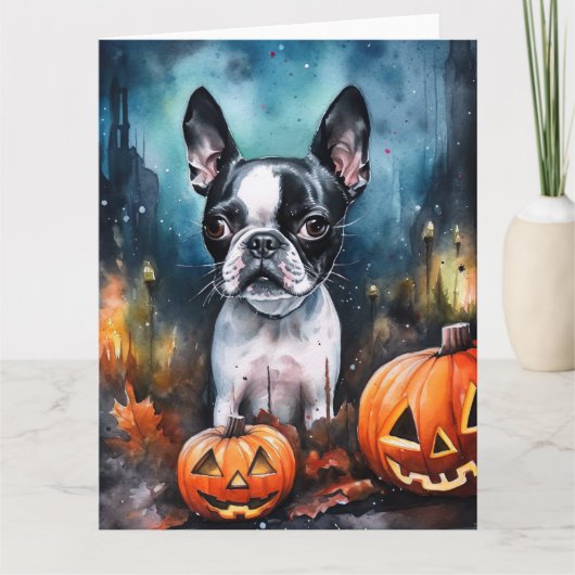 Halloween Boston Terrier met pomkins Scary Kaart (Voorkant)