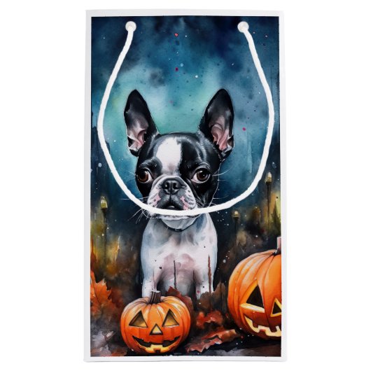 Halloween Boston Terrier met pomkins Scary Klein Cadeauzakje (Achterkant)