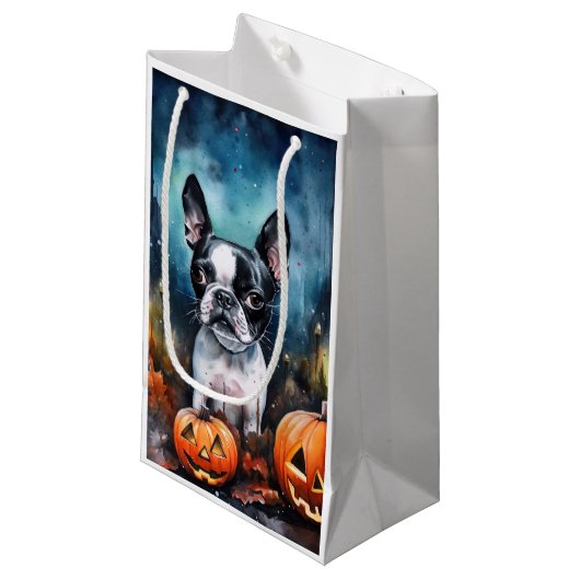 Halloween Boston Terrier met pomkins Scary Klein Cadeauzakje (Voorkant Gekanteld)