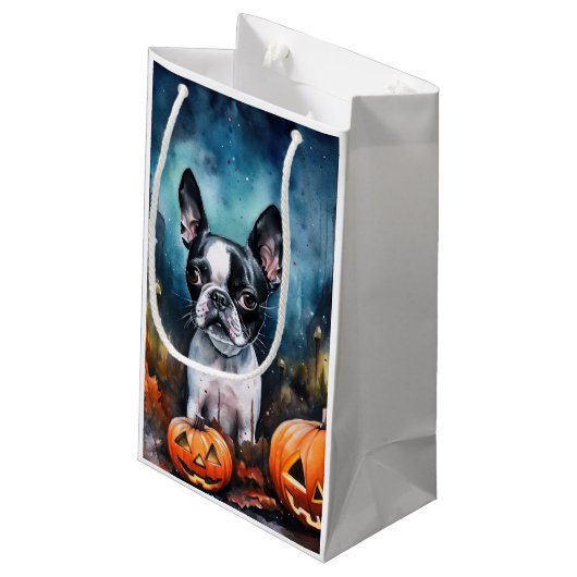 Halloween Boston Terrier met pomkins Scary Klein Cadeauzakje (Achterkant Gekanteld)