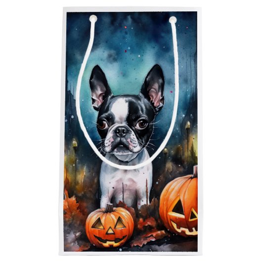 Halloween Boston Terrier met pomkins Scary Klein Cadeauzakje (Voorkant)