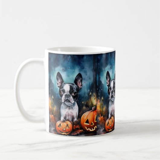 Halloween Boston Terrier met pomkins Scary Koffiemok (Links)