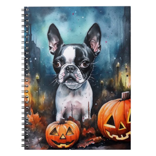 Halloween Boston Terrier met pomkins Scary Notitieboek (Voorkant)