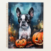 Halloween Boston Terrier met pomkins Scary Planner (Voorkant)