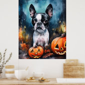 Halloween Boston Terrier met pomkins Scary Poster (Keuken)