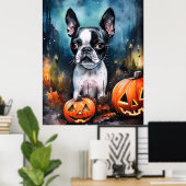 Halloween Boston Terrier met pomkins Scary Poster (Thuiskantoor)
