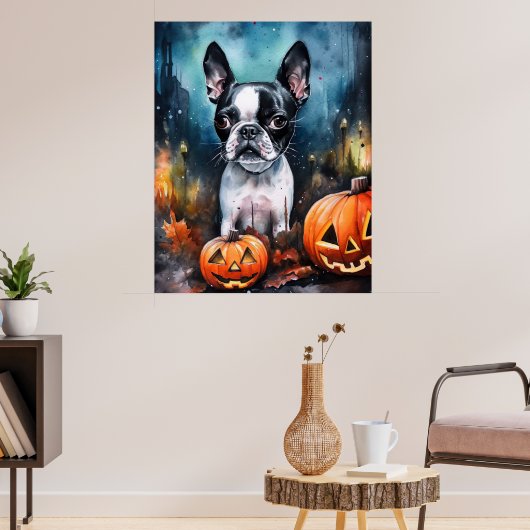 Halloween Boston Terrier met pomkins Scary Poster (Woonkamer 3)