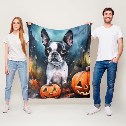 Halloween Boston Terrier Met Pompoenen Eng Fleece Deken (In situ)