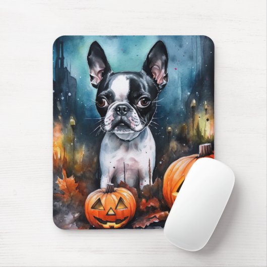 Halloween Boston Terrier Met Pompoenen Griezelen Muismat (Met muis)