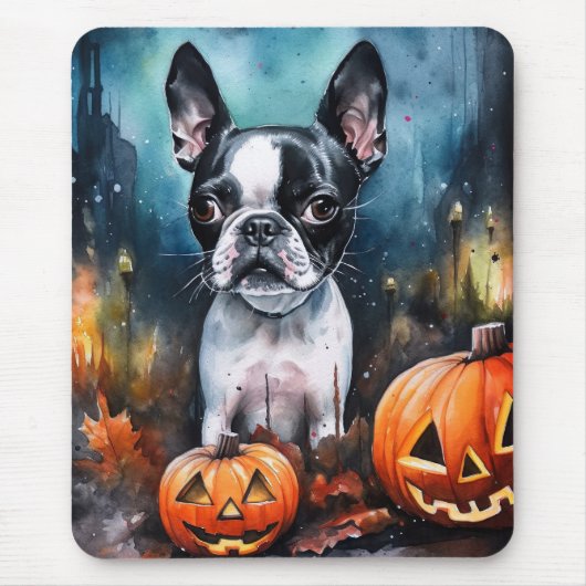 Halloween Boston Terrier Met Pompoenen Griezelen Muismat (Voorkant)